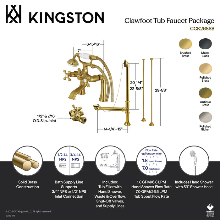 Kingston Heirloom CCK268PN - Vintage Two-Handle 2-Hole Deck Mount Clawfoot Tub Faucet Package with Supply Line, Hand Shower and Tub Drain, Polished Nickel