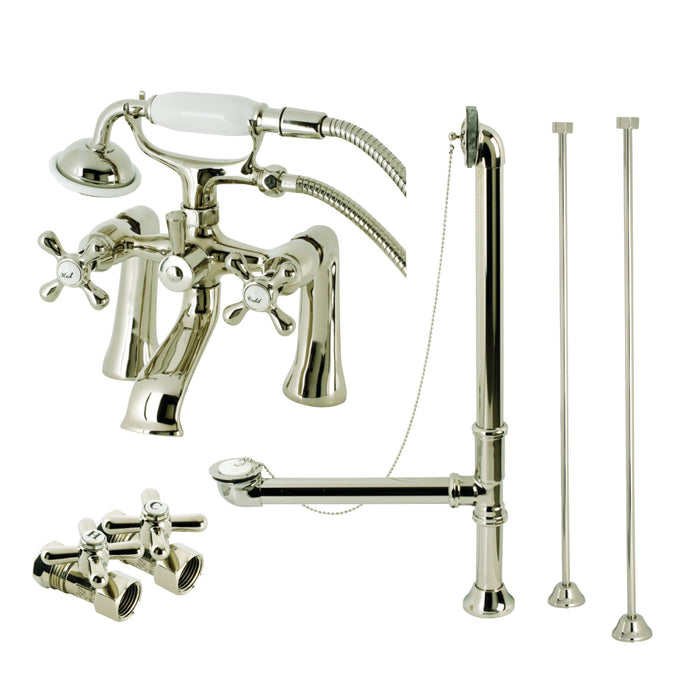 Kingston Heirloom CCK268PN - Vintage Two-Handle 2-Hole Deck Mount Clawfoot Tub Faucet Package with Supply Line, Hand Shower and Tub Drain, Polished Nickel