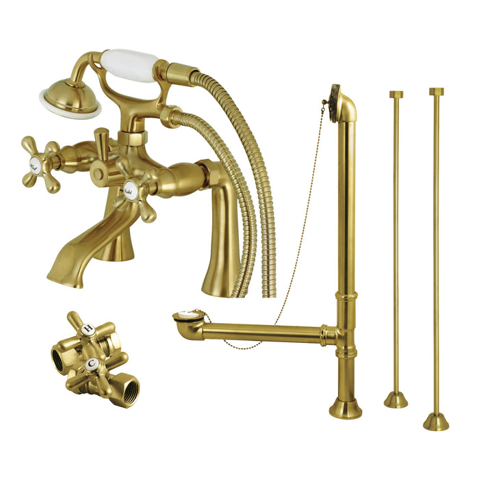 Kingston Heirloom CCK268SB - Vintage Two-Handle 2-Hole Deck Mount Clawfoot Tub Faucet Package with Supply Line, Hand Shower and Tub Drain, Brushed Brass