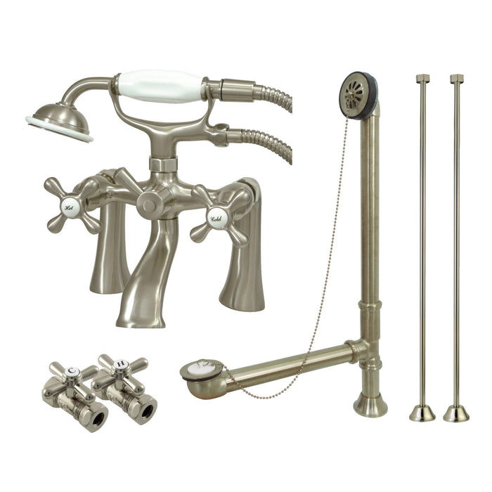 Kingston Heirloom CCK268SN - Vintage Two-Handle 2-Hole Deck Mount Clawfoot Tub Faucet Package with Supply Line, Hand Shower and Tub Drain, Brushed Nickel