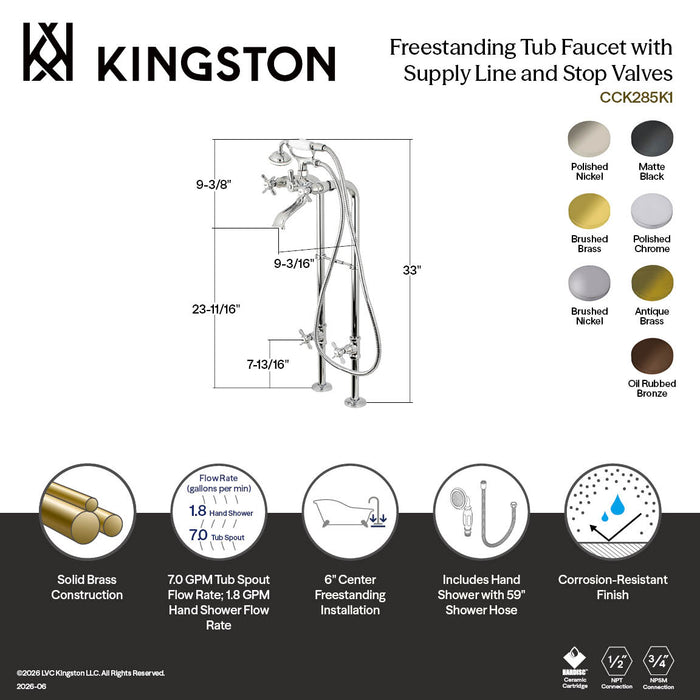 Kingston Kingston CCK285K7 Three-Handle 2-Hole Freestanding Tub Faucet with Supply Line and Stop Valve, Brushed Brass