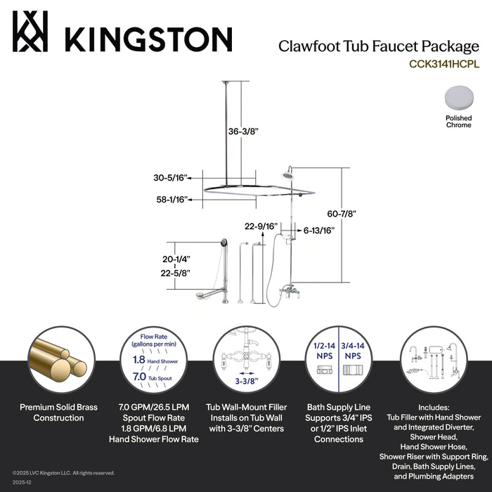 Kingston Heirloom CCK3141HCPL - Vintage Three-Handle 2-Hole Tub Wall Mount Clawfoot Tub Faucet Package with Shower Enclosure and Hand Shower, Polished Chrome