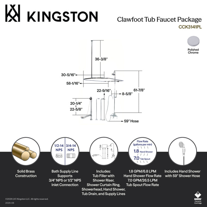 Kingston Heirloom CCK3141PL - Vintage Three-Handle 2-Hole Tub Wall Mount Clawfoot Tub Faucet Package with Shower Enclosure and Hand Shower, Polished Chrome