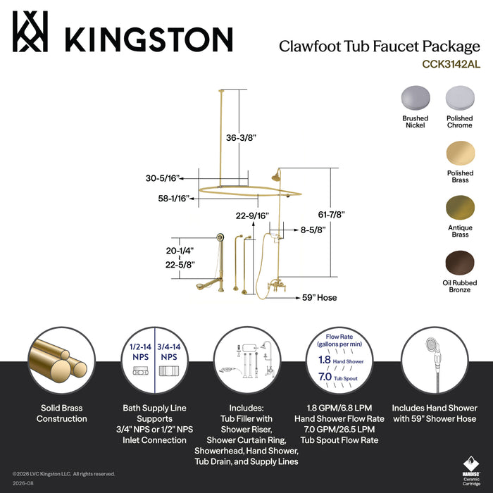 Kingston Heirloom CCK3145AL - Vintage Three-Handle 2-Hole Tub Wall Mount Clawfoot Tub Faucet Package with Shower Enclosure and Hand Shower, Oil Rubbed Bronze