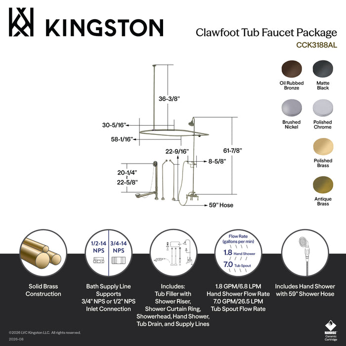 Kingston Heirloom CCK3182AL - Vintage Three-Handle 2-Hole Tub Wall Mount Clawfoot Tub Faucet Package with Shower Enclosure and Hand Shower, Polished Brass