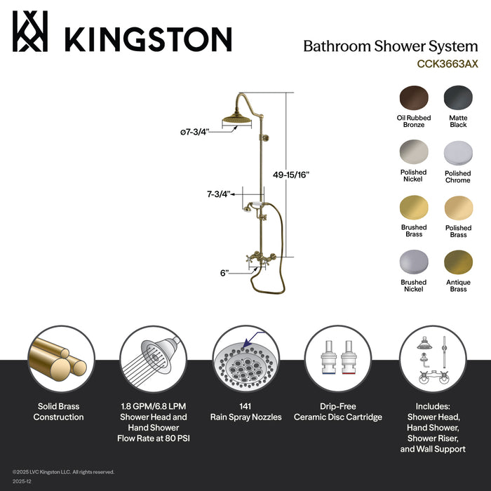 Kingston Heirloom CCK3661AX - Kingston Wall Mount Rain Drop Shower System with Hand Shower, Polished Chrome
