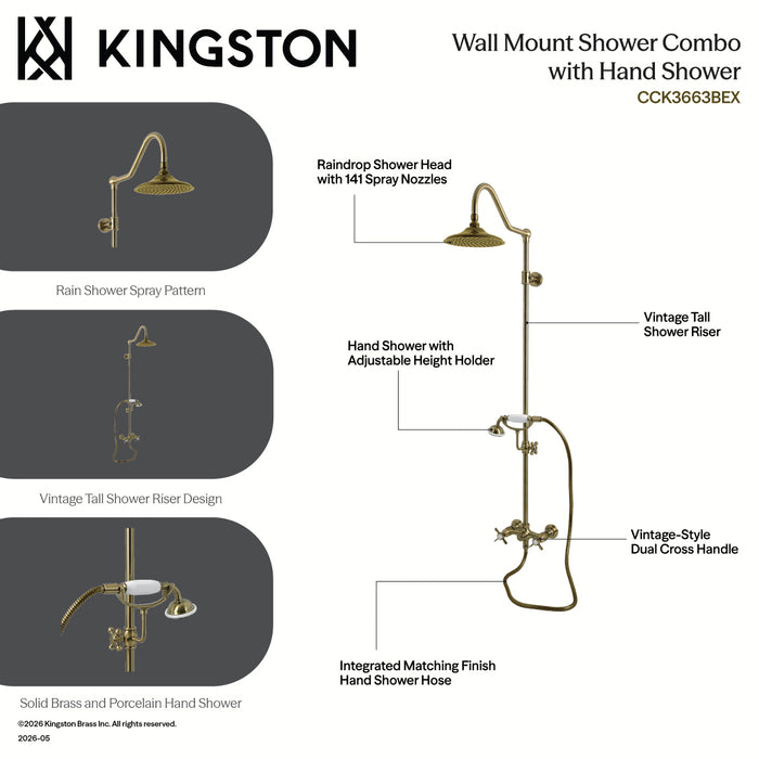 Kingston Heirloom CCK3667BEX - Essex Wall Mount Rain Drop Shower System with Hand Shower, Brushed Brass