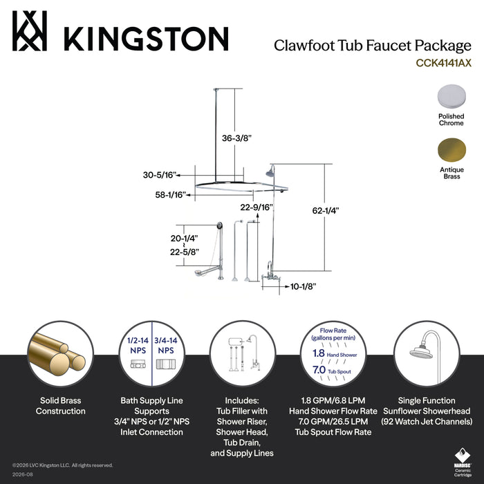 Kingston Heirloom CCK4143AX - Vintage Three-Handle 2-Hole Tub Wall Mount Clawfoot Tub Faucet Package with Shower Enclosure, Antique Brass