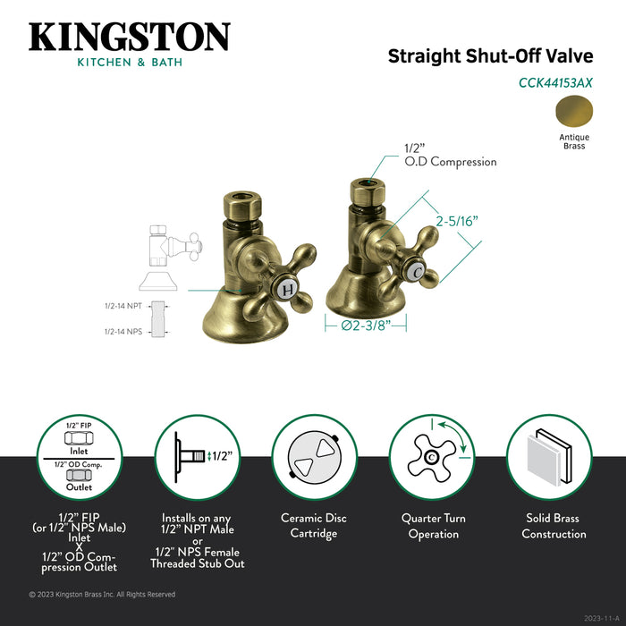 Kingston Heirloom CCK44153AX - Trimscape 1/2-Inch FIP x 1/2-Inch O.D. Comp Quarter-Turn Straight Shut-Off Valve, Antique Brass