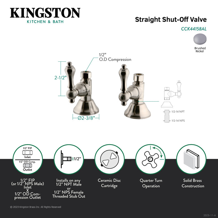 Kingston Heirloom CCK44158AL - Trimscape 1/2-Inch FIP x 1/2-Inch O.D. Comp Quarter-Turn Straight Shut-Off Valve, Brushed Nickel