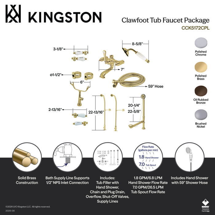 Kingston Heirloom CCK5171CPL - Vintage Three-Handle 2-Hole Freestanding Clawfoot Tub Faucet Package with Supply Line, Hand Shower and Tub Drain, Polished Chrome