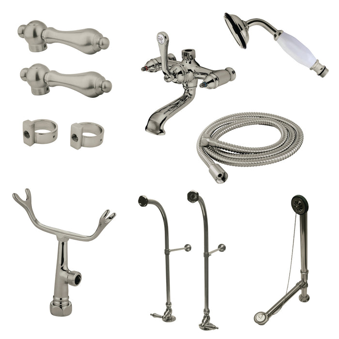 Kingston Heirloom CCK5178AL - Vintage Three-Handle 2-Hole Freestanding Clawfoot Tub Faucet Package with Supply Line, Hand Shower and Tub Drain, Brushed Nickel