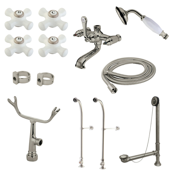 Kingston Heirloom CCK5178PX - Vintage Three-Handle 2-Hole Freestanding Clawfoot Tub Faucet Package with Supply Line, Hand Shower and Tub Drain, Brushed Nickel