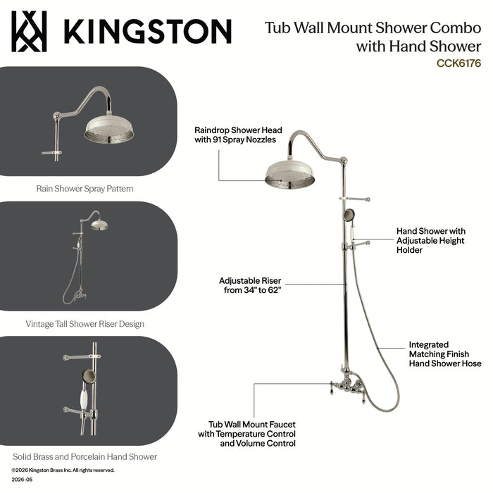 Kingston Heirloom CCK6177 - Vintage Tub Wall Mount Rain Drop Shower System with Hand Shower, Brushed Brass
