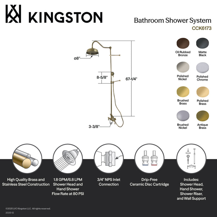 Kingston Heirloom CCK6177 - Vintage Tub Wall Mount Rain Drop Shower System with Hand Shower, Brushed Brass