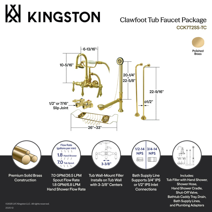 Kingston Heirloom CCK7T2SS-TC - Vintage Two-Handle 2-Hole Tub Wall Mount Clawfoot Tub Faucet Package with Supply Line, Hand Shower and Tub Drain, Polished Brass
