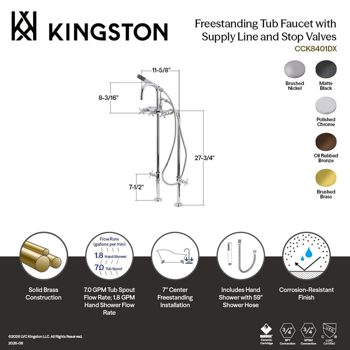 Kingston Sona CCK8408DX - Concord Freestanding Tub Faucet with Supply Line and Stop Valve, Brushed Nickel