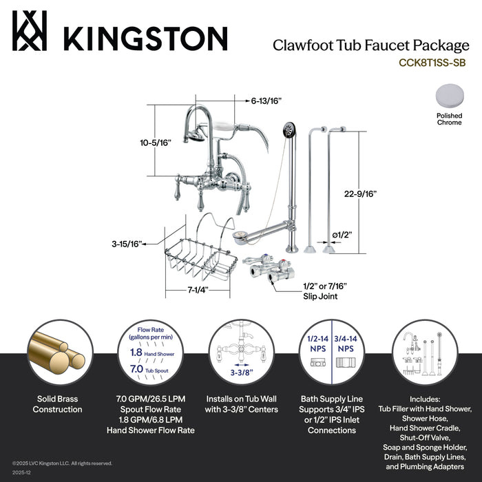 Kingston Heirloom CCK8T1SS-SB Two-Handle 2-Hole Tub Wall Mount Clawfoot Tub Faucet Package with Supply Line, Hand Shower and Tub Drain, Polished Chrome