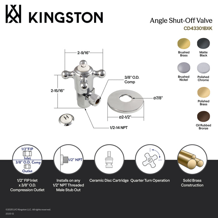 Kingston Heirloom CD43302BXK 1/2-Inch FIP x 3/8-Inch O.D. Anti-Seize Deluxe Quarter-Turn Ceramic Hardisc Cartridge Angle Stop with Flange, Polished Brass