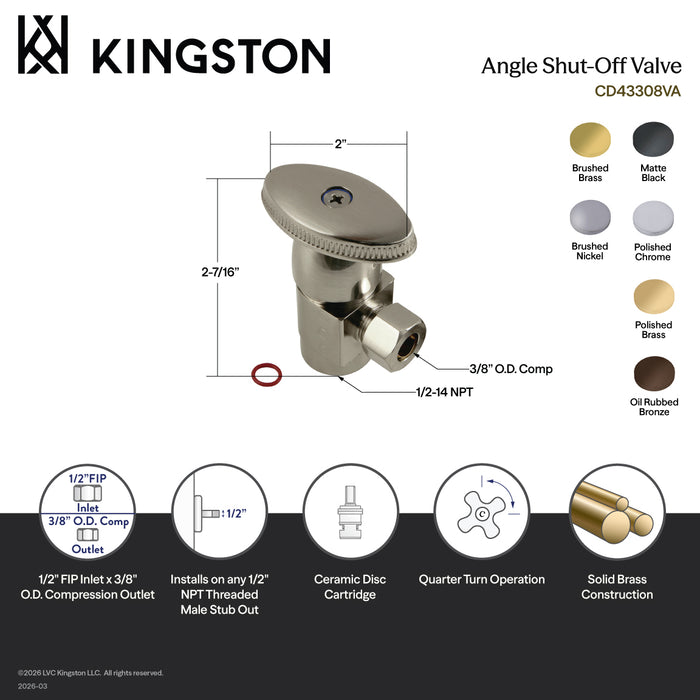 Kingston Americana CD43302VA 1/2-Inch FIP x 3/8-Inch O.D. Anti-Seize Deluxe Quarter-Turn Ceramic Hardisc Cartridge Angle Stop, Polished Brass