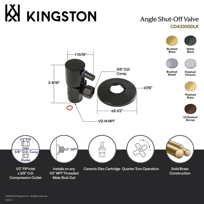 Kingston Sona CD43307DLK1/2-Inch FIP x 3/8-Inch O.D. Anti-Seize Deluxe Quarter-Turn Ceramic Hardisc Cartridge Angle Stop with Flange, Brushed Brass