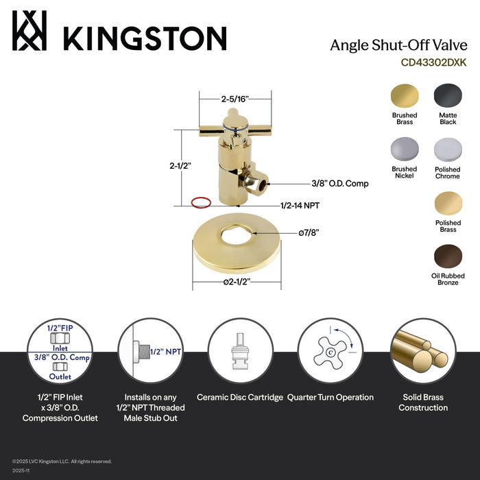 Kingston Sona CD43307DXK 1/2-Inch FIP x 3/8-Inch O.D. Anti-Seize Deluxe Quarter-Turn Ceramic Hardisc Cartridge Angle Stop with Flange, Brushed Brass