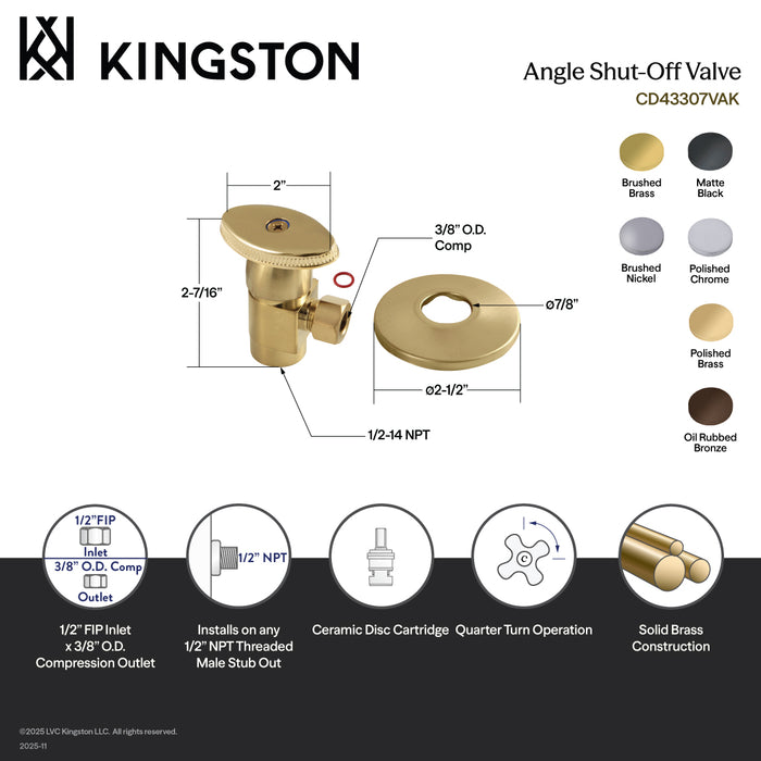 Kingston CD43307VAK 1/2-Inch FIP x 3/8-Inch O.D. Anti-Seize Deluxe Quarter-Turn Ceramic Hardisc Cartridge Angle Stop with Flange, Brushed Brass