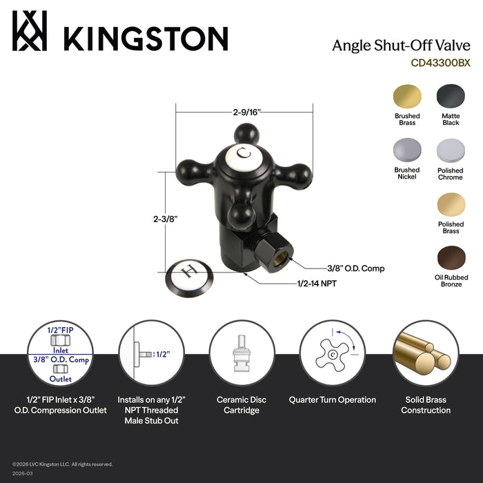Kingston Heirloom CD43308BX - Heritage 1/2-Inch FIP x 3/8-Inch O.D. Anti-Seize Deluxe Quarter-Turn Ceramic Hardisc Cartridge Angle Stop, Brushed Nickel