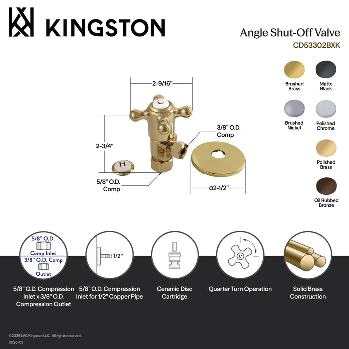 Kingston Heirloom CD53301BXK 5/8-Inch O.D. Comp x 3/8-Inch O.D. Comp Anti-Seize Deluxe Quarter-Turn Ceramic Hardisc Cartridge Angle Stop with Flange, Polished Chrome
