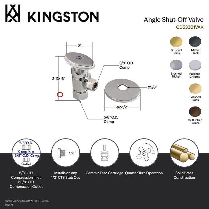 Kingston CD53301VAK 5/8-Inch O.D. Comp x 3/8-Inch O.D. Comp Anti-Seize Deluxe Quarter-Turn Ceramic Hardisc Cartridge Angle Stop with Flange, Polished Chrome