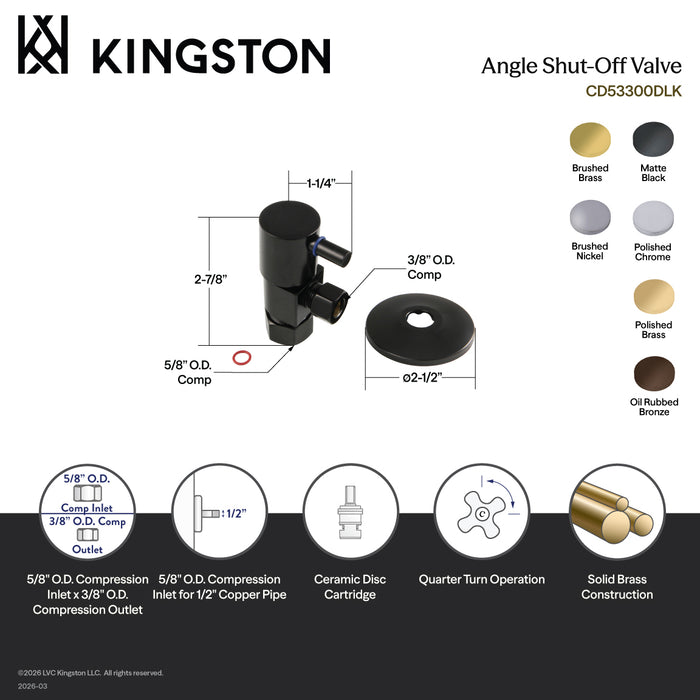 Kingston Sona CD53305DLK 5/8-Inch O.D. Comp x 3/8-Inch O.D. Comp Anti-Seize Deluxe Quarter-Turn Ceramic Hardisc Cartridge Angle Stop with Flange, Oil Rubbed Bronze
