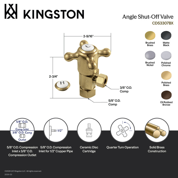 Kingston Heirloom CD53307BX - Heritage 5/8-Inch O.D. Comp x 3/8-Inch O.D. Comp Anti-Seize Deluxe Quarter-Turn Ceramic Hardisc Cartridge Angle Stop, Brushed Brass