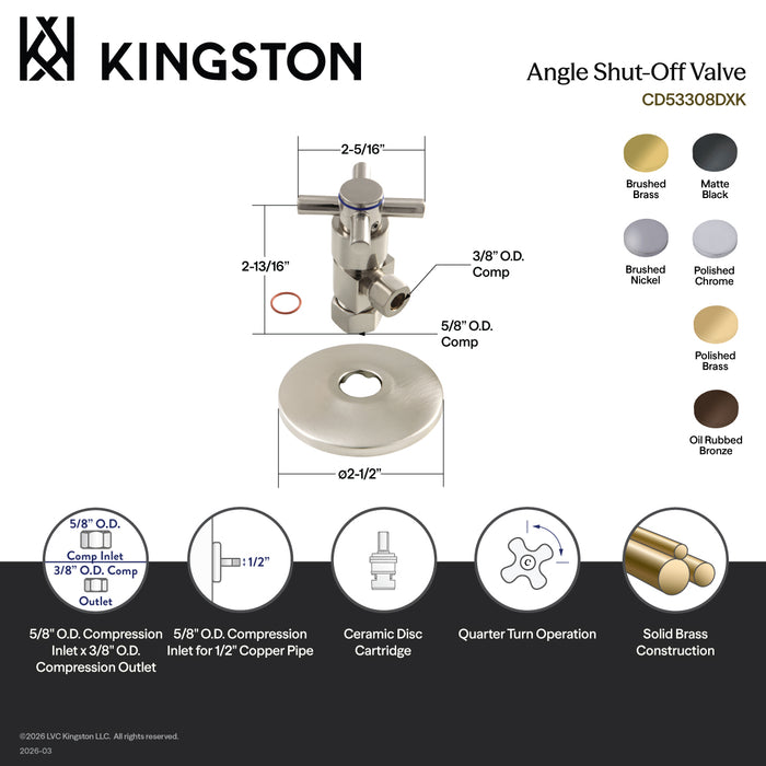 Kingston Sona CD53307DXK 5/8-Inch O.D. Comp x 3/8-Inch O.D. Comp Anti-Seize Deluxe Quarter-Turn Ceramic Hardisc Cartridge Angle Stop with Flange, Brushed Brass