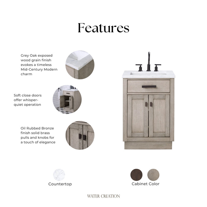 Kingston Chestnut CH24CW03GK - 24 in. x 21.5 in. Bathroom Vanity Marble Top and White Basin, Grey Oak