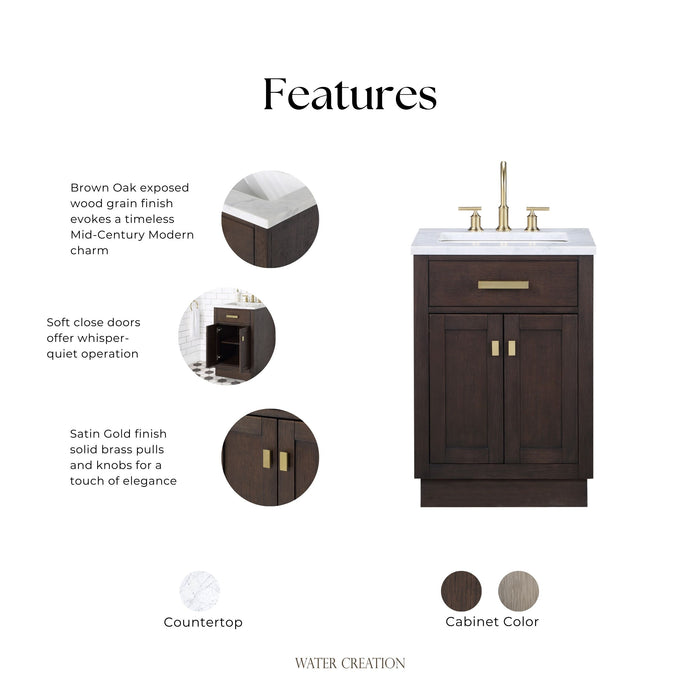 Kingston Chestnut CH24CW06BK - 24 in. x 21.5 in. Bathroom Vanity Marble Top and White Basin, Brown Oak