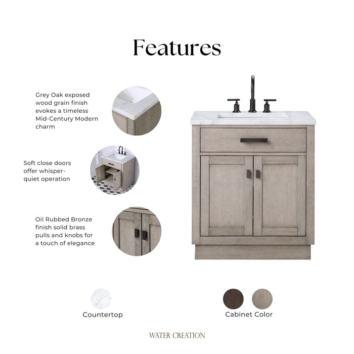 Kingston Chestnut CH30CW03GK - 30 in. x 21.5 in. Bathroom Vanity Marble Top and White Basin, Grey Oak