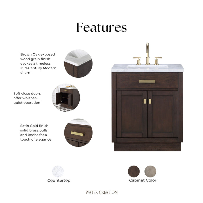 Kingston Chestnut CH30CW06BK - 30 in. x 21.5 in. Bathroom Vanity Marble Top and White Basin, Brown Oak