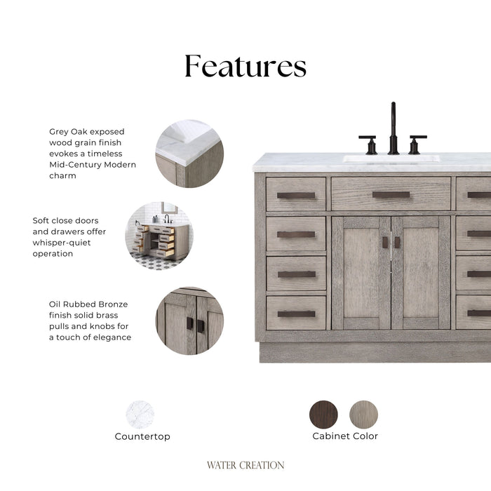Kingston Chestnut CH48CW03GK - 48 in. x 21.5 in. Bathroom Vanity Marble Top and White Basin, Grey Oak