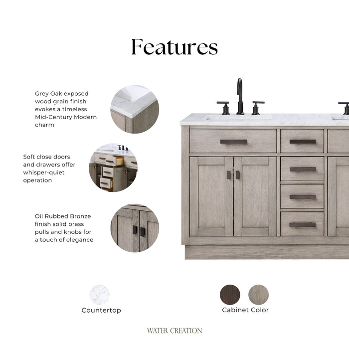 Kingston Chestnut CH60CW03GK - 60 in. x 21.5 in. Bathroom Vanity Marble Top and White Basin, Grey Oak