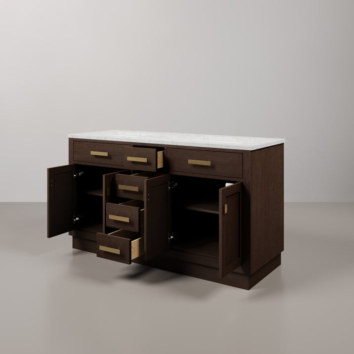 Kingston Chestnut CH60CW06BK - 60 in. x 21.5 in. Bathroom Vanity Marble Top and White Basin, Brown Oak