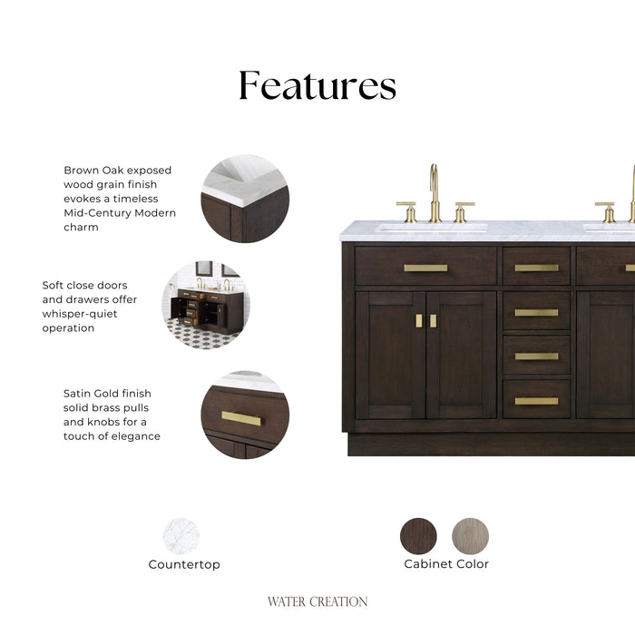 Kingston Chestnut CH60CW06BK - 60 in. x 21.5 in. Bathroom Vanity Marble Top and White Basin, Brown Oak