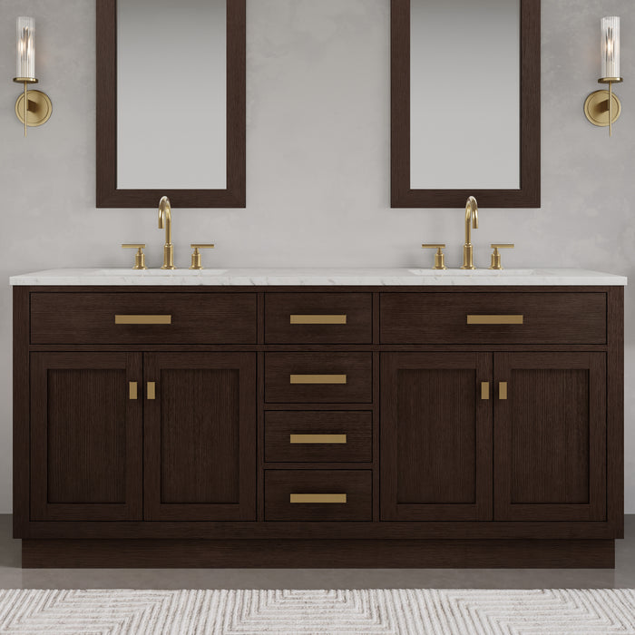 Kingston Chestnut CH72CW06BK - 72 in. x 21.5 in. Bathroom Vanity Marble Top and White Basin, Brown Oak