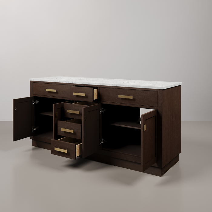 Kingston Chestnut CH72CW06BK - 72 in. x 21.5 in. Bathroom Vanity Marble Top and White Basin, Brown Oak