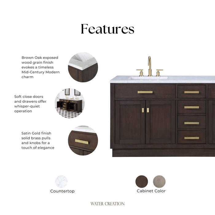 Kingston Chestnut CH72CW06BK - 72 in. x 21.5 in. Bathroom Vanity Marble Top and White Basin, Brown Oak