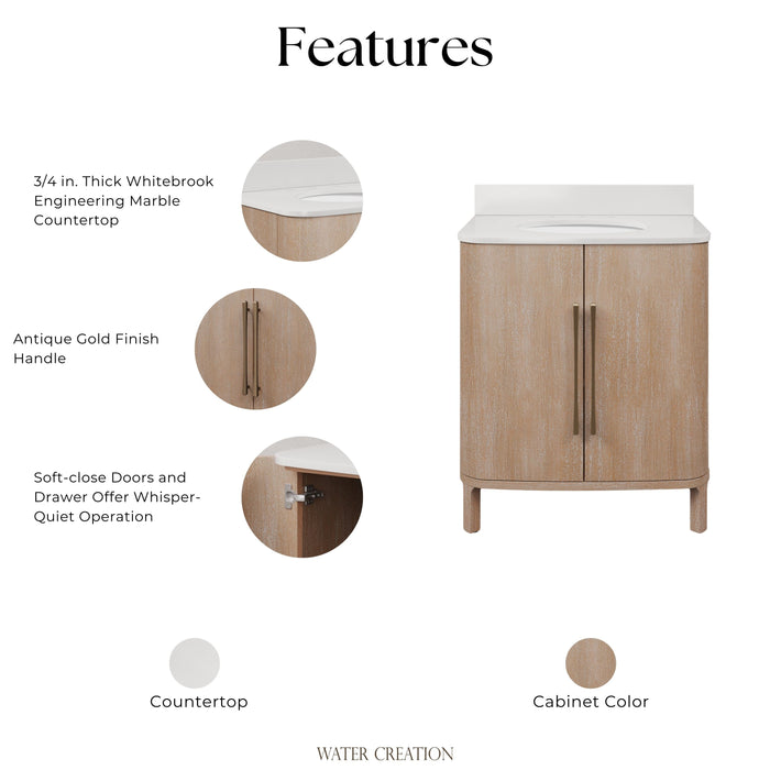 Kingston Cirilla CI30EM08TL - 30 in. x 22 in.  Bathroom Vanity Single Sink Freestanding with Whitebrook Engineered Marble Top, Toffee Latte