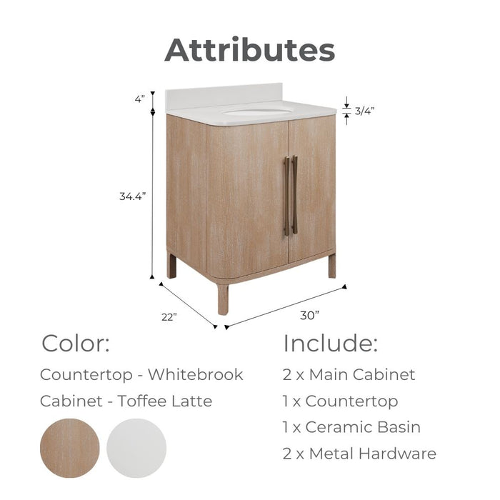 Kingston Cirilla CI30EM08TL - 30 in. x 22 in.  Bathroom Vanity Single Sink Freestanding with Whitebrook Engineered Marble Top, Toffee Latte
