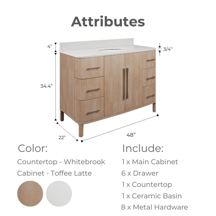 Kingston Cirilla CI48EM08TL - 48 in. x 22 in. Bathroom Vanity Single Sink Freestanding with Whitebrook Engineered Marble Top, Toffee Latte