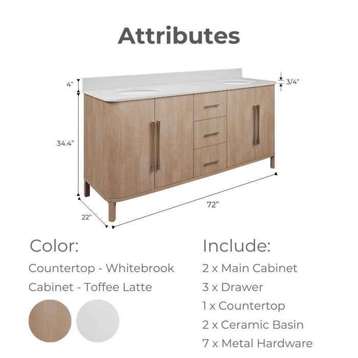 Kingston Cirilla CI72EM08TL - 72 in. x 22 in. Bathroom Vanity Double Sink Freestanding with Whitebrook Engineered Marble Top, Toffee Latte