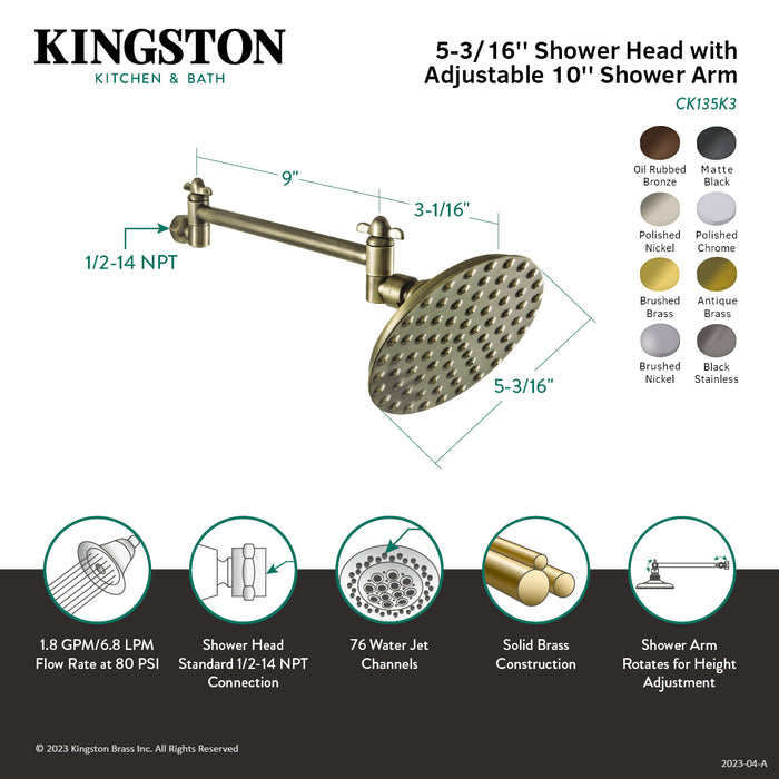 Kingston Heirloom CK135K0 - Victorian 5-1/4-Inch Round Raindrop Brass Shower Head with 10-Inch High-Low Adjustable Shower Arm, Matte Black