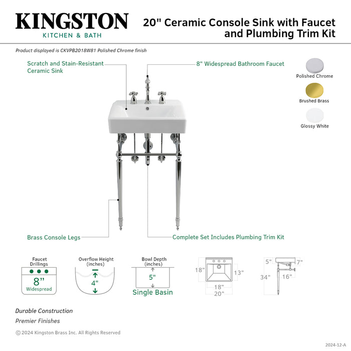 Kingston Heirloom CKVPB2018W87 - Edwardian 20-Inch Porcelain Console Sink Set with Widespread Bathroom Faucet and Plumbing Trim Kit (8-Inch, 3-Hole), White/Brushed Brass